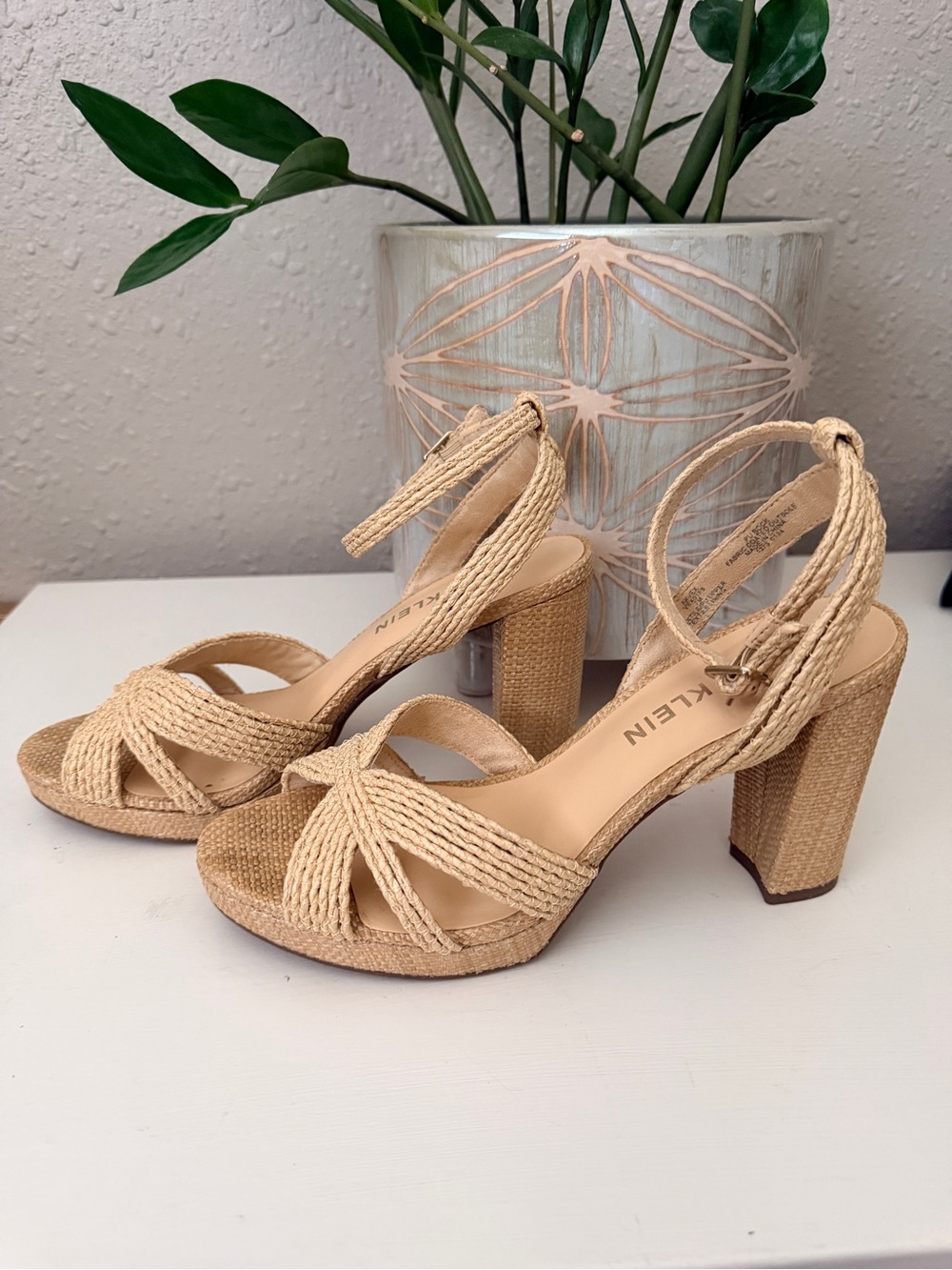 Anne Klein Women's Beige Braided Block Heel Sandals